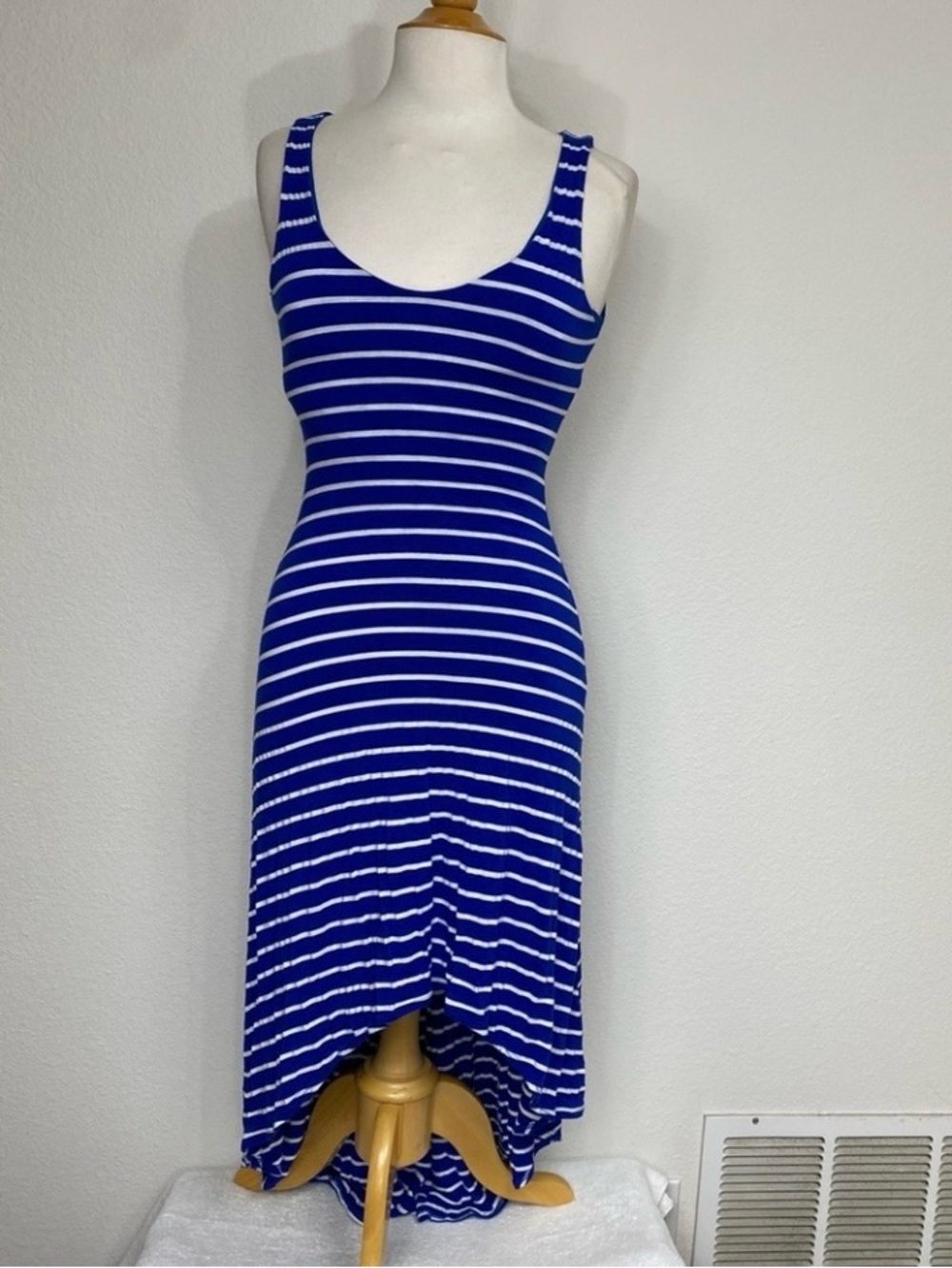 bebe Women Blue White Stripe Soft Stretch Cutout High Low Maxi Dress XS Nautical